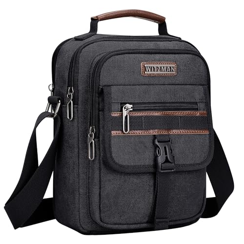 WITZMAN Umhängetasche Herren Canvas Schultertasche Herren Tasche Umhängen Vintage Fit 11 iPad Messenger Bag Herrenhandtasche für Reisen (A8014 Schwarz) von WITZMAN
