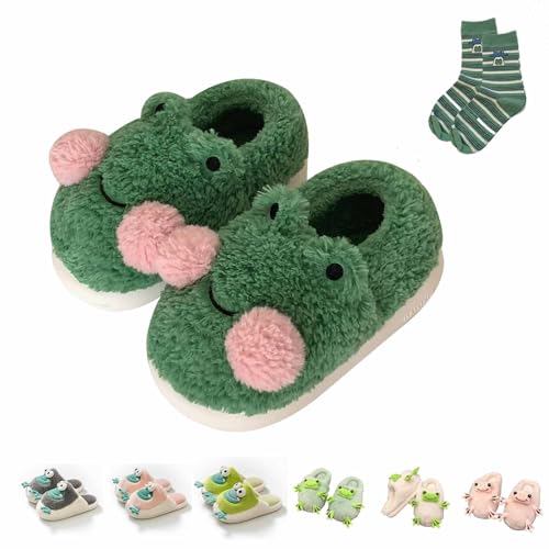 Frosch Cartoon Hausschuhe für Frauen - Fuzzy Kuh Plüschtier Kawaii Hausschuhe (Style-J, 38/39) von WIWIDANG