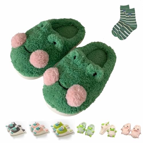 Frosch Cartoon Hausschuhe für Frauen - Fuzzy Kuh Plüschtier Kawaii Hausschuhe (Style-K, 40/41) von WIWIDANG