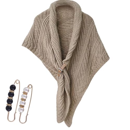 Multifunktionaler Dreiecksschal für Damen, warme Herbst-Winter-Schalponchos, gestrickter Dreiecksschal mit Lederschnalle (Khaki) von WIWIDANG