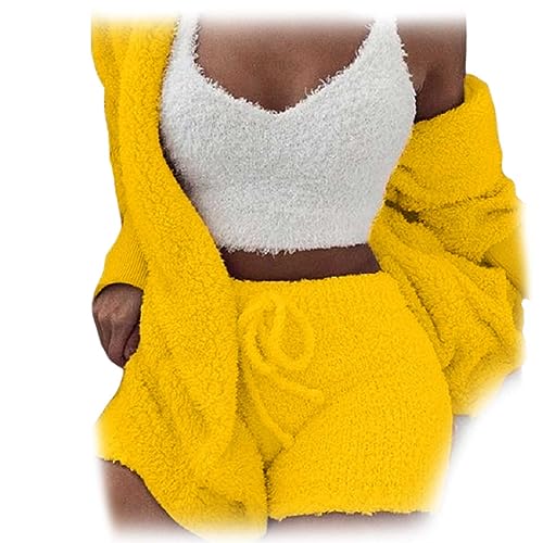 The Cozy Knit Set, 3 Piece Set-Cozy Knit Sets Crop Top, Shorts & Long Coat (Gelb, M) von WIWIDANG