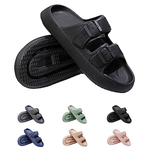 WIWIDANG Cloud Slides für Damen, verstellbare Schnalle, Sandalen, dicke Sohle, Kissen-Hausschuhe, Schwarz , 38.5/39.5 EU von WIWIDANG