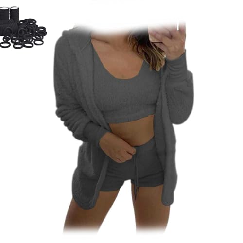 WIWIDANG Cozy Knit Set, Pyjama Damen Flauschig, Kuscheliges Strickset, Leichtes, Flauschiges Fleece, Warm, Weich, Crop-Top (DE/NL/SE/PL, Alphanumerisch, L, XL, Regular, Regular, Grau) von WIWIDANG