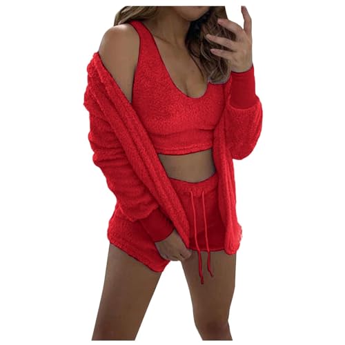 WIWIDANG Cozy Knit Set, Pyjama Damen Flauschig, Kuscheliges Strickset, Leichtes, Flauschiges Fleece, Warm, Weich, Crop-Top (DE/NL/SE/PL, Alphanumerisch, S, M, Regular, Regular, Rot) von WIWIDANG