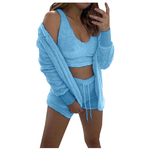 WIWIDANG Cozy Knit Set, Pyjama Damen Flauschig, Kuscheliges Strickset, Leichtes, Flauschiges Fleece, Warm, Weich, Crop-Top (DE/NL/SE/PL, Alphanumerisch, XS, S, Regular, Regular, Blau) von WIWIDANG