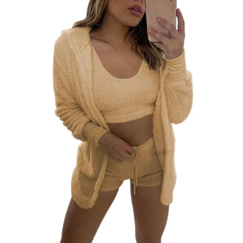 WIWIDANG Cozy Knit Set, Pyjama Damen Flauschig, Kuscheliges Strickset, Leichtes, Flauschiges Fleece, Warm, Weich, Crop-Top (DE/NL/SE/PL, Alphanumerisch, XS, S, Regular, Regular, Gelb) von WIWIDANG