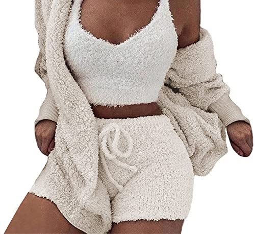 WIWIDANG Cozy Knit Set 3-Piece, Women Sexy Warm Fuzzy Fleece 3 Pieces Outfits Pajamas Outwear and Crop Top Shorts Set (Beige White, S) von WIWIDANG