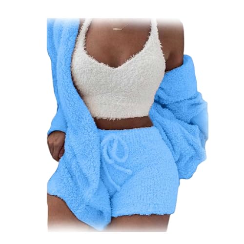 WIWIDANG Cozy Knit Set 3-Piece, Women Sexy Warm Fuzzy Fleece 3 Pieces Outfits Pajamas Outwear and Crop Top Shorts Set (Blue, M) von WIWIDANG