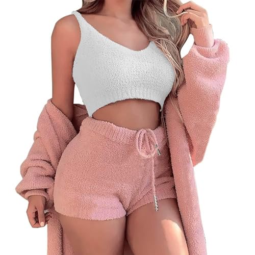 WIWIDANG Cozy Knit Set 3-Piece, Women Sexy Warm Fuzzy Fleece 3 Pieces Outfits Pajamas Outwear and Crop Top Shorts Set (Dusky Pink, S) von WIWIDANG