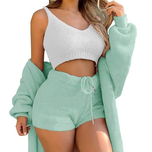 WIWIDANG Cozy Knit Set 3-Piece, Women Sexy Warm Fuzzy Fleece 3 Pieces Outfits Pajamas Outwear and Crop Top Shorts Set (Green, S) von WIWIDANG