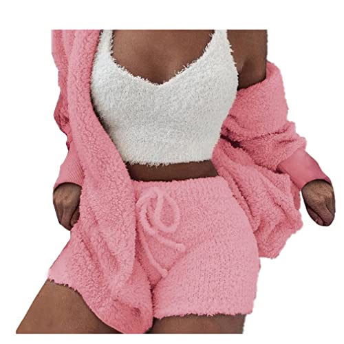 WIWIDANG Cozy Knit Set 3-Piece, Women Sexy Warm Fuzzy Fleece 3 Pieces Outfits Pajamas Outwear and Crop Top Shorts Set (Pink, S) von WIWIDANG