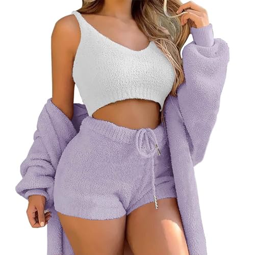 WIWIDANG Cozy Knit Set 3-Piece, Women Sexy Warm Fuzzy Fleece 3 Pieces Outfits Pajamas Outwear and Crop Top Shorts Set (Purple, M) von WIWIDANG