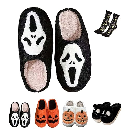 WIWIDANG Halloween-Hausschuhe für Damen, Scream Ghostface-Hausschuhe, weiche gruselige Plüsch-Slipper (Schwarzer Geist, Erwachsene, Damen, 40, Numerisch (von/bis), EU Schuhgrößensystem, 41, M) von WIWIDANG