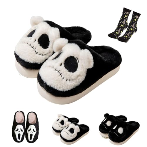 WIWIDANG Halloween-Hausschuhe für Damen, Scream Ghostface-Hausschuhe, weiche gruselige Plüsch-Slipper (Weiß, Erwachsene, Damen, 40, Numerisch (von/bis), EU Schuhgrößensystem, 41, M) von WIWIDANG