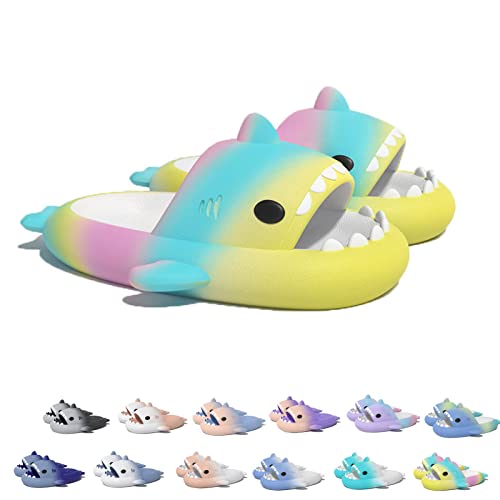 WIWIDANG Shark Swell Chanclas, Cloud Shark Slides für Herren Damen, rutschfeste Hai-Hausschuhe (Yellow&green&pink, Erwachsene, Damen, 36, Numerisch (von/bis), EU Schuhgrößensystem, 37, M) von WIWIDANG