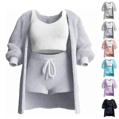 WIWIDANG Shecozy 3 Piece Pajama Set, Sherpa Pajamas for Women Set, Cozy Knit Set 3-Piece, Shecozy Pajama Set (DE/NL/SE/PL, Alphanumerisch, L, Regular, Regular, Grey) von WIWIDANG