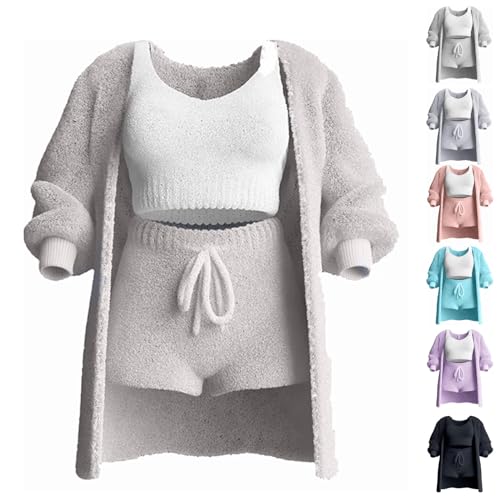 WIWIDANG Shecozy 3 Piece Pajama Set, Sherpa Pajamas for Women Set, Cozy Knit Set 3-Piece, Shecozy Pajama Set (DE/NL/SE/PL, Alphanumerisch, S, Regular, Regular, Beige White) von WIWIDANG