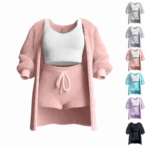 WIWIDANG Shecozy 3 Piece Pajama Set, Sherpa Pajamas for Women Set, Cozy Knit Set 3-Piece, Shecozy Pajama Set (DE/NL/SE/PL, Alphanumerisch, S, Regular, Regular, Pink) von WIWIDANG