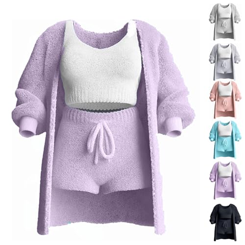 WIWIDANG Shecozy 3 Piece Pajama Set, Sherpa Pajamas for Women Set, Cozy Knit Set 3-Piece, Shecozy Pajama Set (DE/NL/SE/PL, Alphanumerisch, S, Regular, Regular, Purple) von WIWIDANG