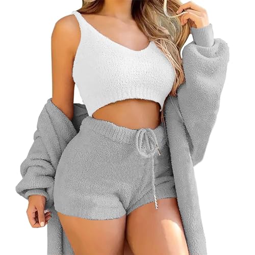 WIWIDANG Shecozy Pyjama Set, Cozy Knit Set 3-Piece, Sexy Flauschiges 3-teiliges Pyjama-Cardigan-Outfit-Set für Damen (DE/NL/SE/PL, Alphanumerisch, M, Regular, Regular, Gray-a) von WIWIDANG