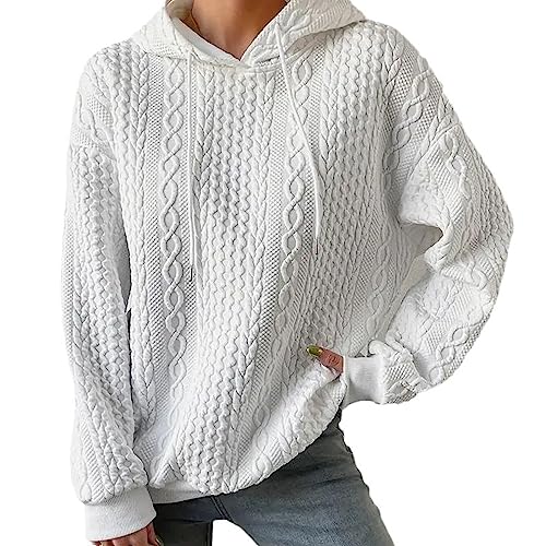 WIWIDANG Strukturierter Kordelzug-Hoodie, Zopfmuster-Hoodie mit Kordelzug, lässige Sweatshirts für Damen (as3, Alpha, s, Regular, Regular, Weiß) von WIWIDANG