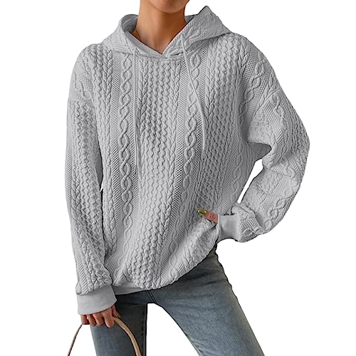 WIWIDANG Strukturierter Kordelzug-Hoodie, Zopfmuster-Hoodie mit Kordelzug, lässige Sweatshirts für Damen (as3, Alpha, xx_l, Regular, Regular, Grau) von WIWIDANG