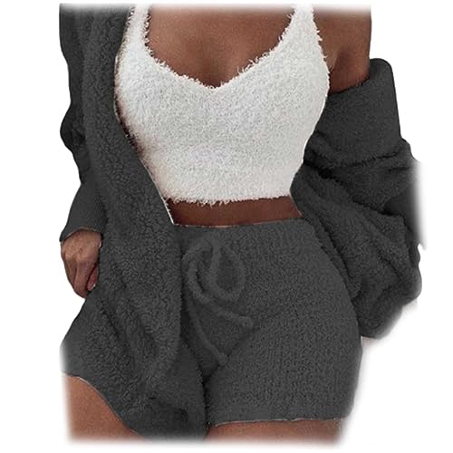 The Cozy Knit Set, 3 Piece Set-Cozy Knit Sets Crop Top, Shorts & Long Coat (Dunkelgrau, S) von WIWIDANG