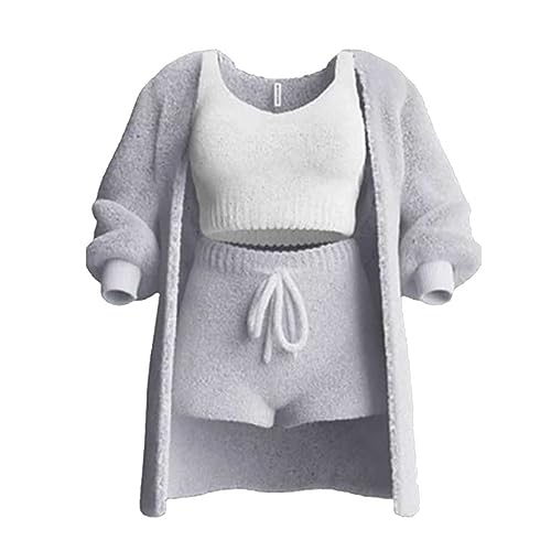 WIWIDANG The Cozy Knit Set, 3 Piece Set-Cozy Knit Sets Crop Top, Shorts & Long Coat (Grau, 2XL) von WIWIDANG