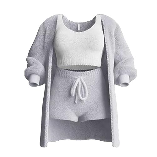 The Cozy Knit Set, 3 Piece Set-Cozy Knit Sets Crop Top, Shorts & Long Coat (Grau, M) von WIWIDANG