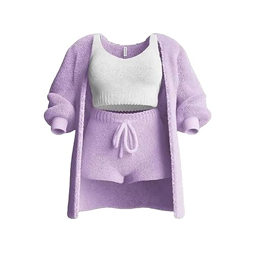 WIWIDANG The Cozy Knit Set, 3 Piece Set-Cozy Knit Sets Crop Top, Shorts & Long Coat (Lila, 3XL) von WIWIDANG