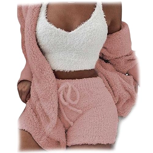 WIWIDANG The Cozy Knit Set, 3 Piece Set-Cozy Knit Sets Crop Top, Shorts & Long Coat (Lotuswurzelrosa, L) von WIWIDANG