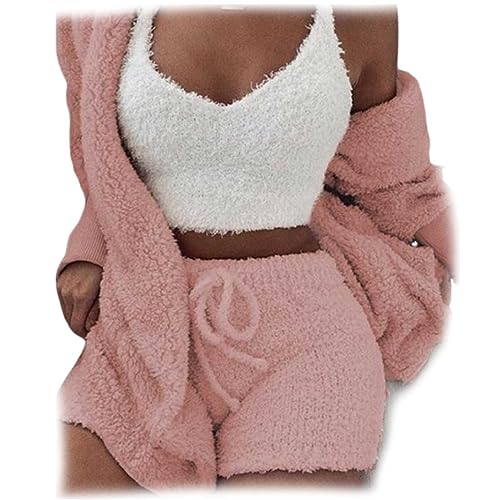 WIWIDANG Damen Cozy Knit Set, 3-teiliges Lounge-Set - Crop Top, Shorts & Long Coat (Lotuswurzelrosa, XL) von WIWIDANG