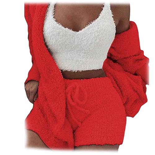 WIWIDANG The Cozy Knit Set, 3 Piece Set-Cozy Knit Sets Crop Top, Shorts & Long Coat (Rot, XL) von WIWIDANG