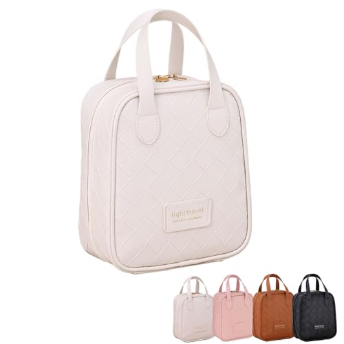 WIZONER Tragbare Make-up-Tasche für Damen und Herren, Lederhaut-Kulturbeutel, wasserdicht, leicht, kompakt, Kosmetik-Aufbewahrungs-Organizer mit Pinselhalter, offene flache Tasche, Geschenke (weiß) von WIZONER
