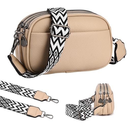 WIZOZI Stylisch Crossbody Bag Damen,Bauchtasche Damen Kleine Umhängetasche Damen mit 3 Großen Fächern,Breitem Gurt Reißverschluss,Verstellbarer Abnehmbarer Schultergurt (3-Khaki) von WIZOZI