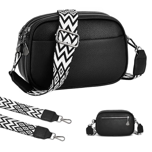 WIZOZI Stylisch Crossbody Bag Damen,Bauchtasche Damen Kleine Umhängetasche Damen mit 3 Großen Fächern,Breitem Gurt Reißverschluss,Verstellbarer Abnehmbarer Schultergurt (3-schwarz) von WIZOZI