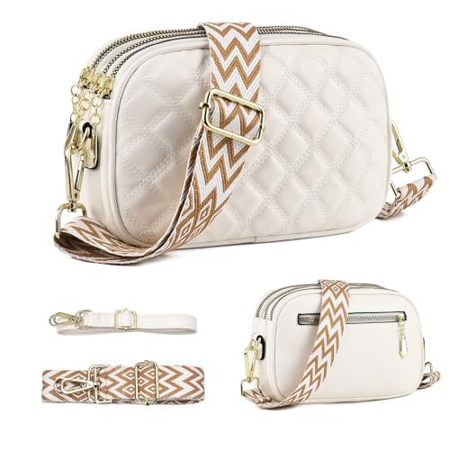 WIZOZI Stylisch Crossbody Bag Damen,Bauchtasche Damen Kleine Umhängetasche Damen mit 3 Großen Fächern,Breitem Gurt Reißverschluss,Verstellbarer Abnehmbarer Schultergurt (2-Weiß) von WIZOZI