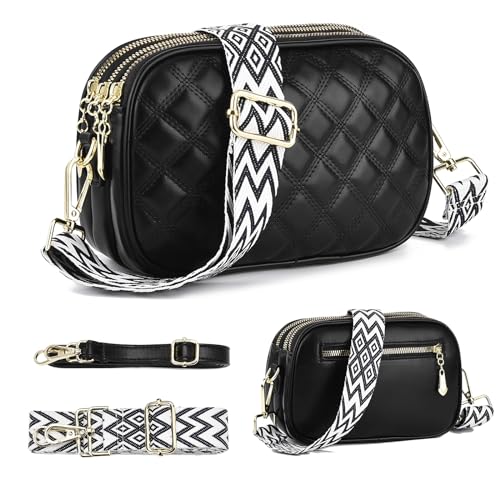 WIZOZI Stylisch Crossbody Bag Damen,Bauchtasche Damen Kleine Umhängetasche Damen mit 3 Großen Fächern,Breitem Gurt Reißverschluss,Verstellbarer Abnehmbarer Schultergurt (2-Schwarz) von WIZOZI