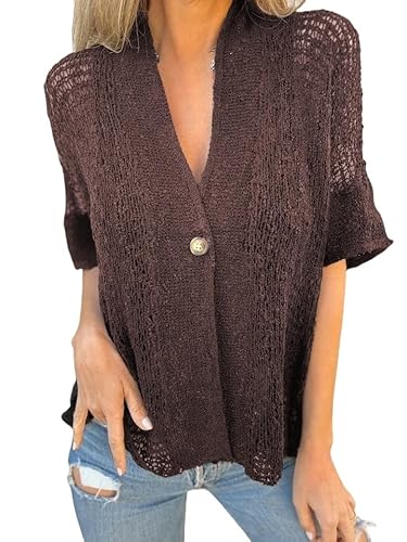 WJDREPKHY Cardigan Damen,Damen Häkel Cardigan Sommer Vorne Offen Kurze Ärmel Kimono Überzug Lässig Locker Boho Strickmode V Ausschnitt Strandmode Transparente Capes Dunkelbraun 3XL von WJDREPKHY