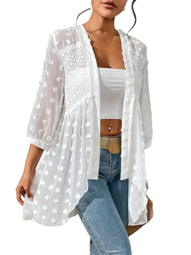 WJDREPKHY Damen Strickjacke,Damen Kimono Cardigan Vorne Offen 3/4 Ärmel Bolero Jacke Lässig Boho Rüschen Strand Cover Ups mit Haarballen Sommer Strandmode Bademode Weiß XXL von WJDREPKHY