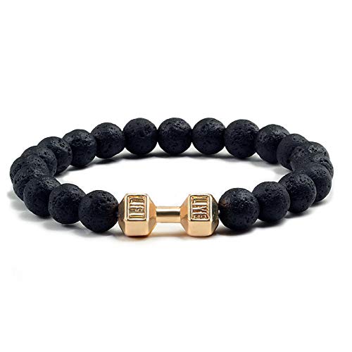 WJDT Männer Perlen Armband Natürliche Schwarz Lava Stein Hantel Charme Armbänder Energie Fitness Barbell Mode Frauen Schmuck-Gold-Lava_CHINA von WJDT