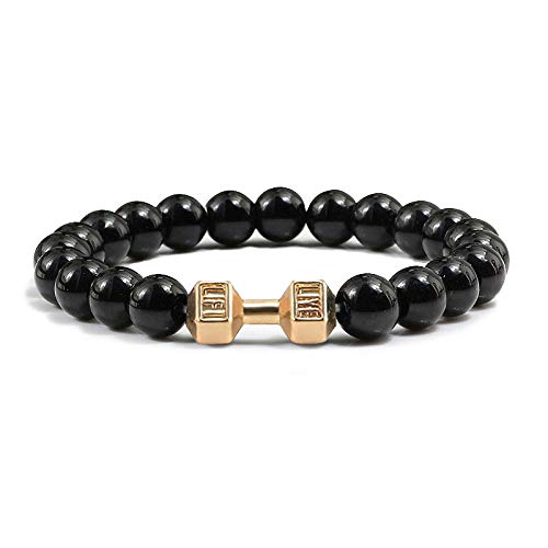 WJDT Männer Perlen Armband Natürliche Schwarz Lava Stein Hantel Charme Armbänder Energie Fitness Barbell Mode Frauen Schmuck-Goldlicht_CHINA von WJDT