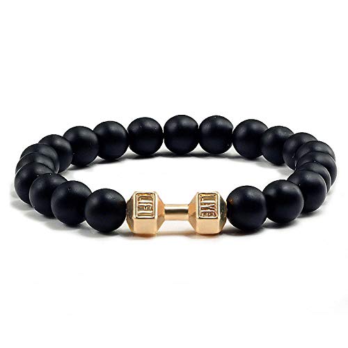 WJDT Männer Perlen Armband Natürliche Schwarz Lava Stein Hantel Charme Armbänder Energie Fitness Barbell Mode Frauen Schmuck-Goldmatte_CHINA von WJDT