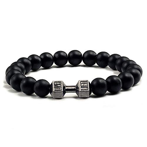 WJDT Männer Perlen Armband Natürliche Schwarz Lava Stein Hantel Charme Armbänder Energie Fitness Barbell Mode Frauen Schmuck-Waffe schwarz-matt_CHINA von WJDT