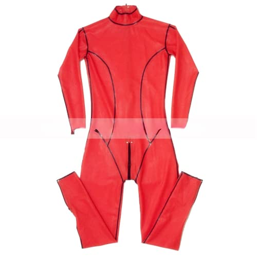 Red and Black Trims Rubber Latex Men Jumpsuit Uniform Bodysuit with Two Short Ankle Zippers Handmade Catsuit,Black and Yellow,XXL von WJDT
