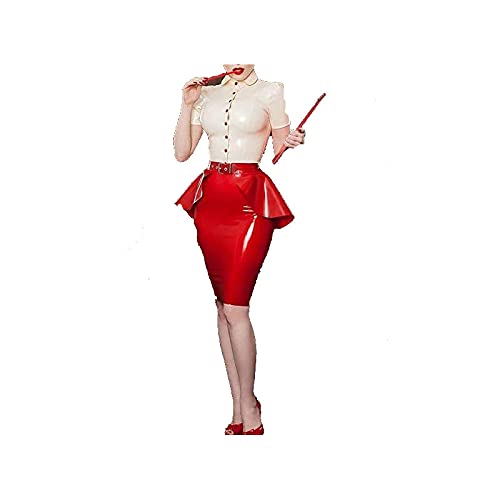 WJDT 100% Latex-Gummi-Frauen -reizvoller weißer und roter Rock-Anzug 0.4mm-weiß-rot_S von WJDT