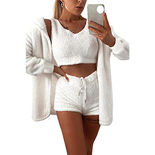 Damen Schlafanzug Pyjama,3Pcs Plüsch Pjs Mantel Tank Top Shorts Schnürung Kurze Cardigan Lose Mantel Plüsch Weiß Sleepwear Set Weiche Loungewear Nachtwäsche Für Damen Jogging Homewear Outfits von WJFGGXHK