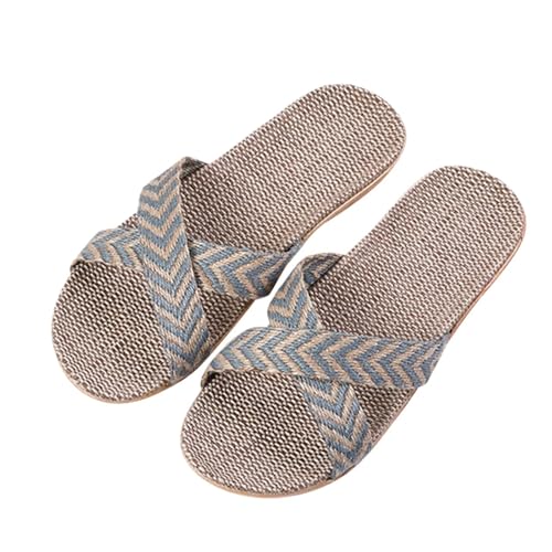 WJIAYAO Geflochtene Sandalen Stroh Hausschuhe Sommer Gekreuzte Flachs Hausschuhe Frauen Home Leinen Slipper Flache Strand Sandalen Bequem Indoor Casual(Grey,39-40) von WJIAYAO