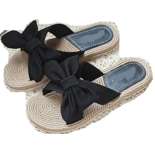 WJIAYAO Geflochtene Sandalen Stroh Rattan Home Leinen Hausschuhe for Frauen Schleife Sandalen Flip Flops Strand Flache Unterseite Stil Strandschuhe(Black,39) von WJIAYAO