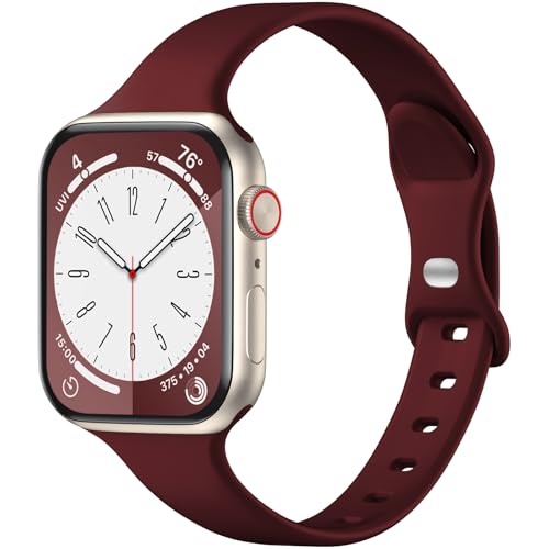 WJK Schlanke Armbänder, kompatibel mit Apple Watch, 40 mm, 38 mm, 41 mm, weinrot, für Damen und Herren, Silikonarmbänder für iWatch Serie 9/8/7/6/5/4/3/2/1 Ultra von WJK